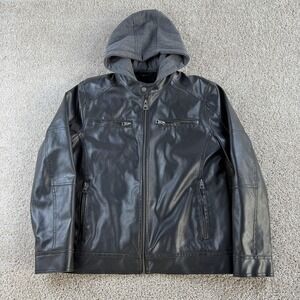 Vintage Y2K GUESS Jacket Men Large Black Faux Leather Hooded Full Zip Moto Lined
